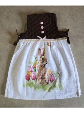 Handmade Quilted Top Kitchen Towel With Bunny & Tulip Design Tied Sides Brown &